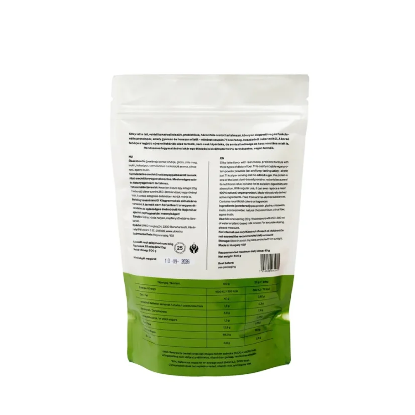 Zadná strana balenia UKKO Vegan Protein Powder 500 g s výživovými hodnotami