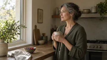 Žena v období menopauzy drží šálku a pokojne sa pozerá z okna