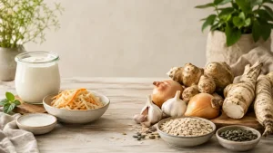 Jogurt, kysané zelí a prebiotické potraviny pro podporu střevního mikrobiomu Jogurt, kysané zelí a prebiotické potraviny pro podporu střevního mikrobiomu