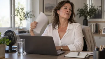 Žena v kancelárii sa počas práce ovieva papierom pri návale tepla