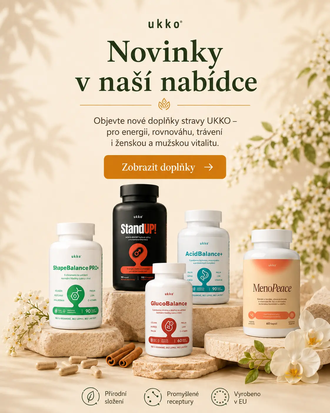 Mobilní banner UKKO s novými doplňky stravy ShapeBalance, StandUp!, GlucoBalance, AcidBalance+ a MenoPeace
