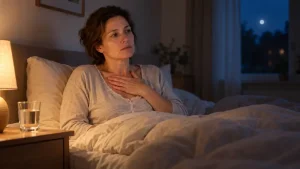 Žena sa v noci budí s pálením záhy a drží si ruku na hrudi