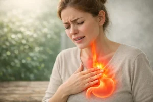 Žena s pálením žáhy a zvýrazněným jícnem a žaludkem při refluxu