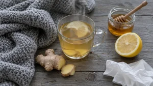 Sklenená šálka horúceho čaju s citrónom a zázvorom, pohár medu, sivá pletená deka a vreckovky na drevenom stole Sklenená šálka horúceho čaju s citrónom a zázvorom, pohár medu, sivá pletená deka a vreckovky na drevenom stole